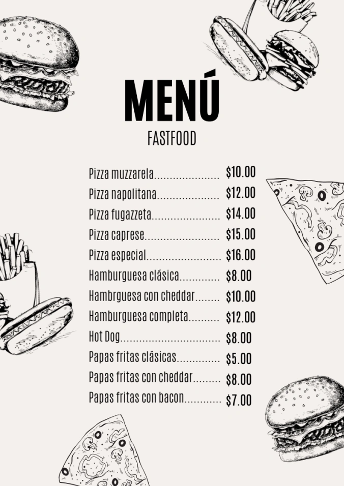 Menú de comida rápida, pizza y hamburguesas con hotdogs y papas fritas, fondo blanco y negro con dibujos de los alimentos.