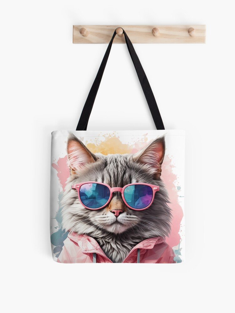 Bolsa tote con diseño de gato con gafas de sol: Bolsa de tela blanca con asas negras y un estampado de un gato gris con gafas de sol y chaqueta.