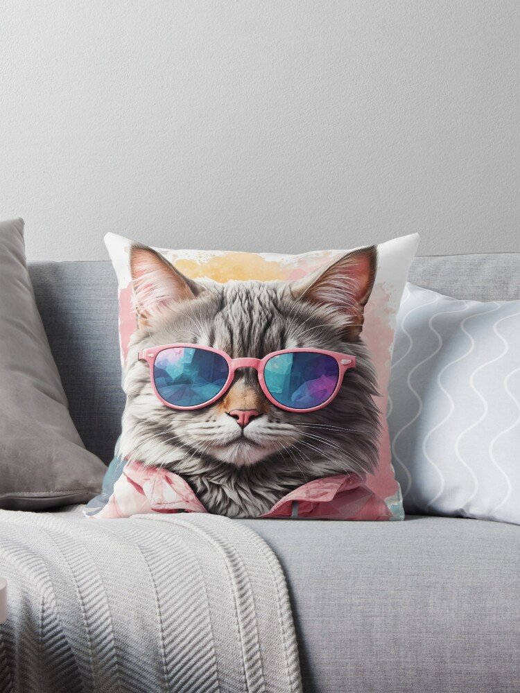 Cojín con diseño de gato con gafas de sol: Cojín cuadrado con una ilustración colorida de un gato gris con gafas de sol y chaqueta rosada.