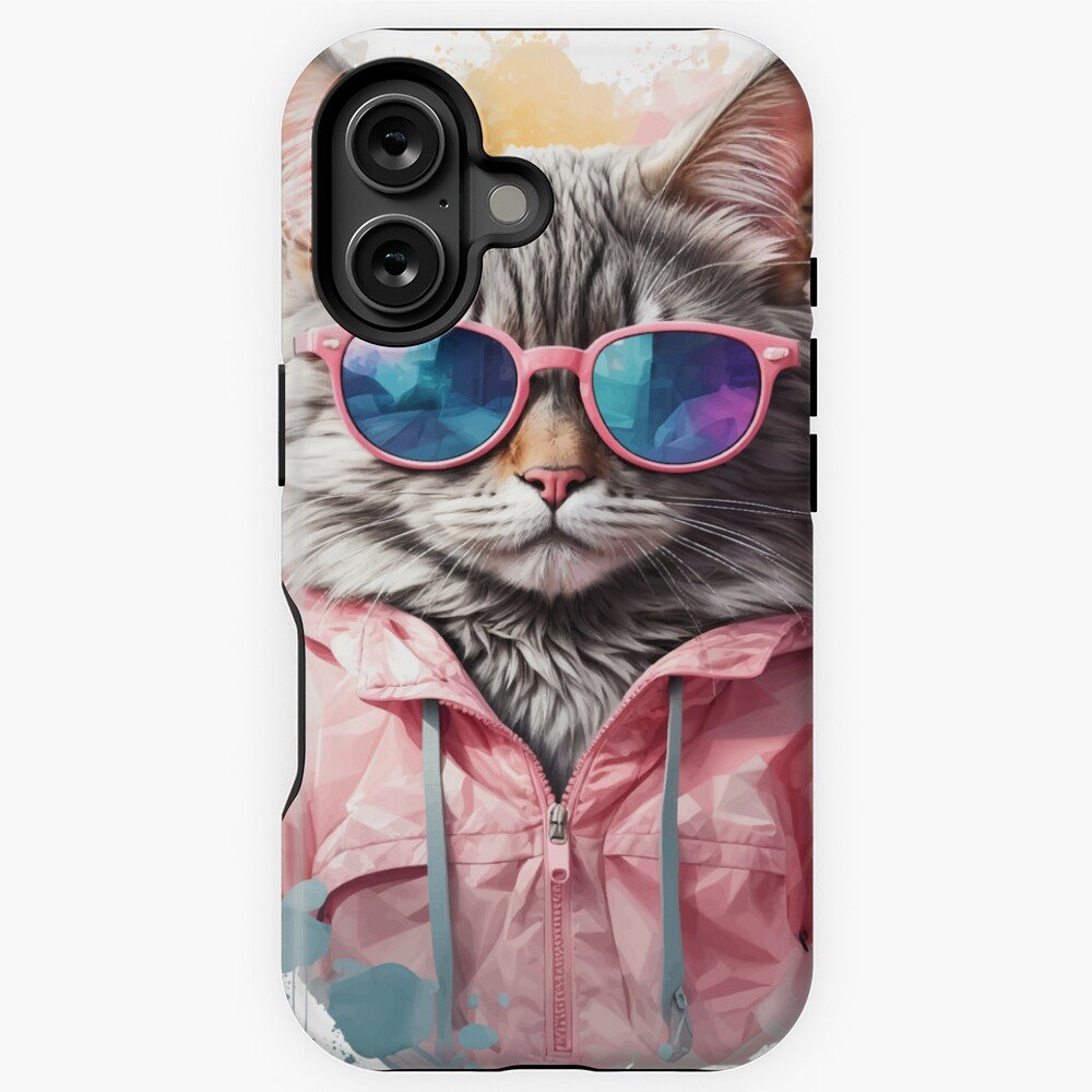 Funda de teléfono con diseño de gato con gafas de sol: Carcasa para teléfono con un diseño vibrante de un gato gris usando gafas de sol y chaqueta rosa.