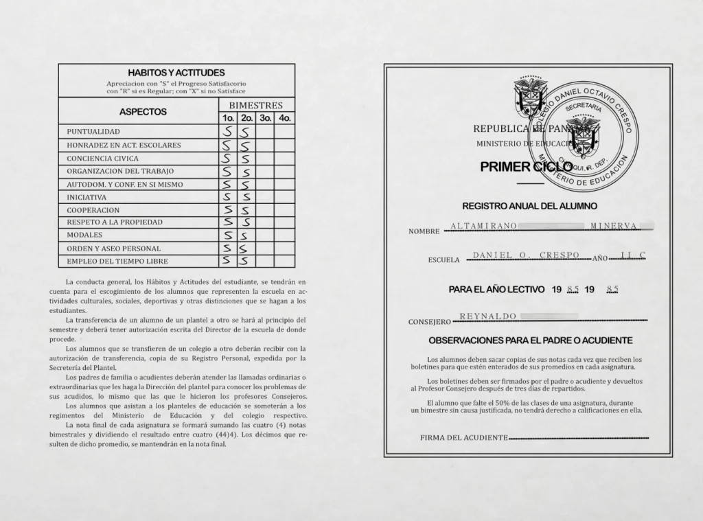 Boleta de calificaciones completamente restaurada digitalmente, presentada como un documento renovado y sin daños.