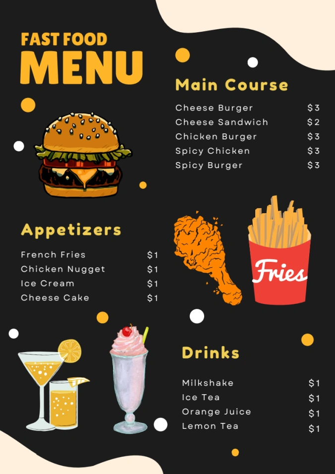 Fast food menú: main course: chesse Burger, chesse sándwich, chicken Burger, spicy chicken, spicy Burger. Appetizers: french fries, chicken nugget, ice cream, cheese cake. Drinks: Milkshake, ice tea, Orange juice, lemon tea.