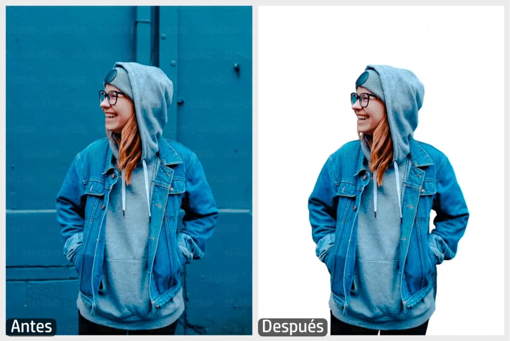 Mujer con abrigo de jeans azul, gafas transparentes, y sonriente, digitalmente se le ha removido el fondo el cual era una puerta azul y ahora es un fondo blanco plano.