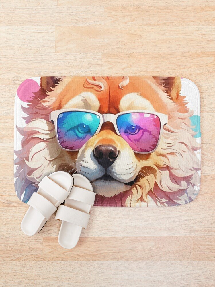 Alfombra de baño con diseño de Perro lindo con gafas de sol: Alfombra rectangular con una ilustración colorida de un Pomerania con gafas de sol, colocada en un suelo de madera junto a unas sandalias.