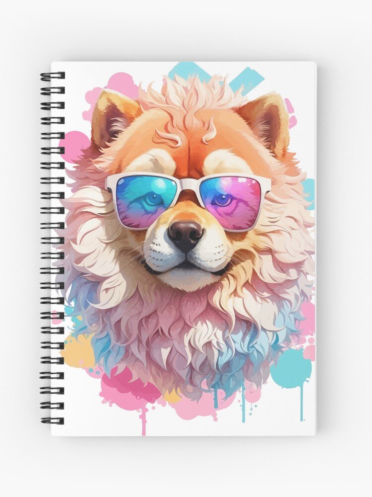 Cuaderno con diseño de perro lindo con gafas de sol: Libreta de espiral con portada de un Pomerania de colores vibrantes, usando gafas de sol espejadas.