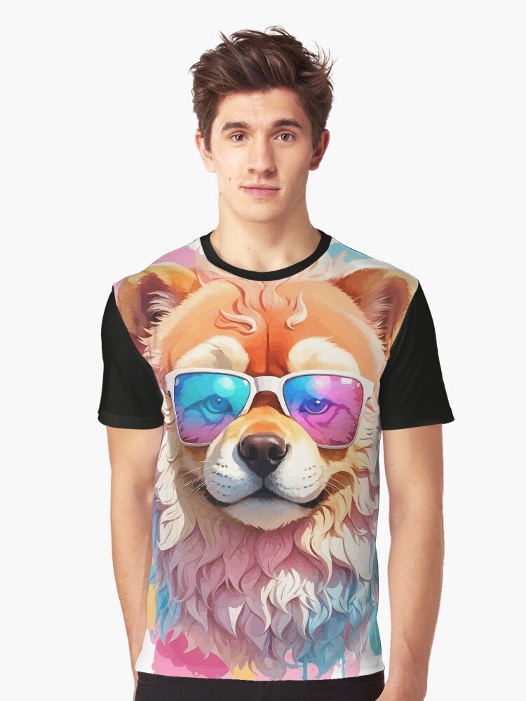 Camiseta con diseño de Pomerania con gafas de sol: Hombre joven vistiendo una camiseta con una ilustración colorida de un perro Pomerania con gafas de sol y efecto de acuarela.