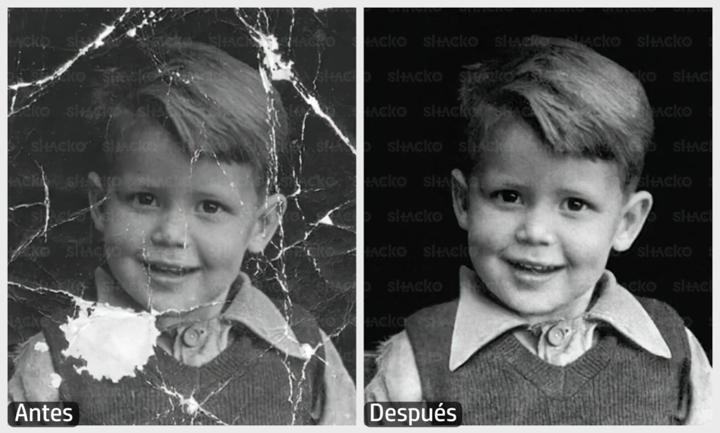 Fotografía con rasgaduras y partes faltantes sobre un niño pequeño, restaurada conservando su color original y reparando los daños visibles.