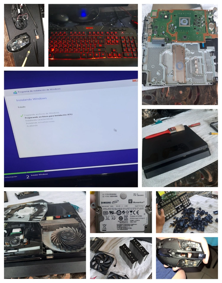 Componentes de computadoras desarmadas, incluyendo: placa base de laptop, carcasa de escritorio, PlayStation 4 con polvo y suciedad acumulada, ratón G305, teclado mecánico sin teclas, disco duro Samsung; instalación de sistemas operativos Windows 10 y Windows 11, servicio de mantenimiento informático y configuración de nuevos equipos de computación.