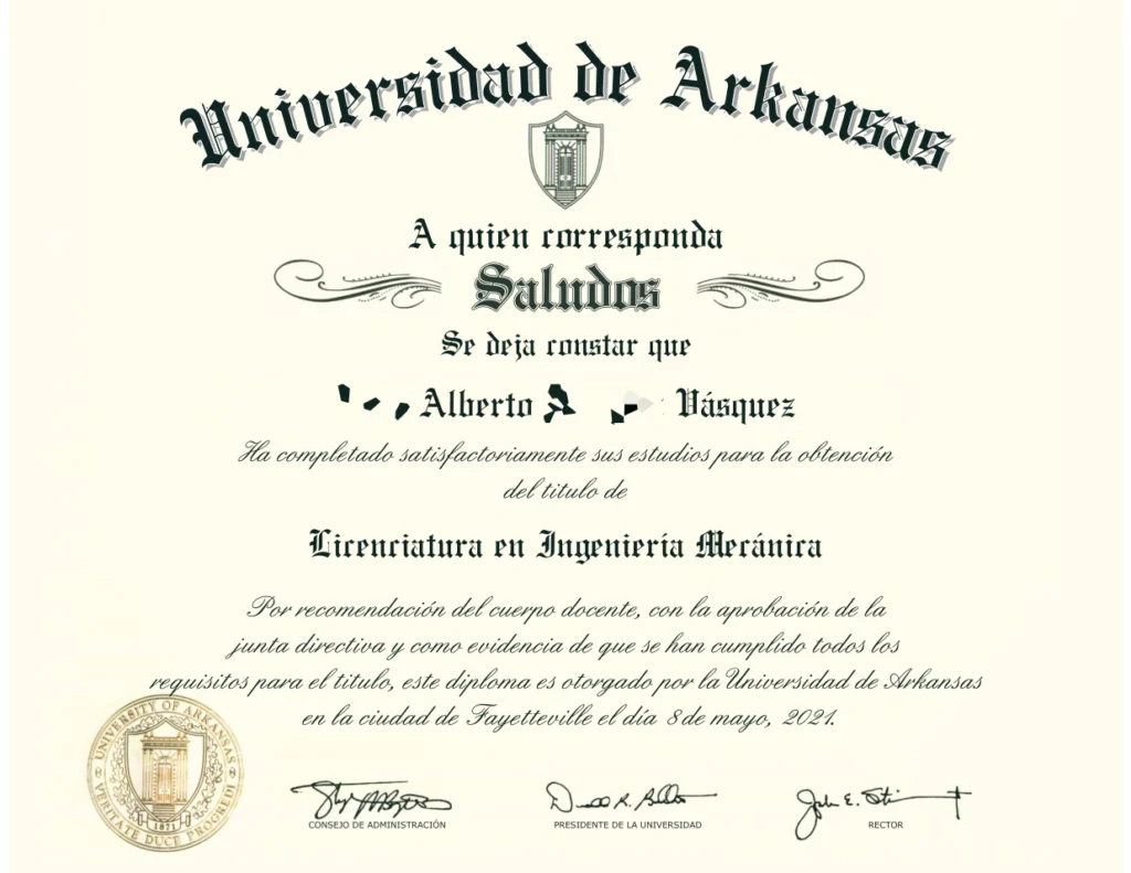 Diploma de la Universidad de Arkansas traducido al español y restaurado digitalmente, ahora se presenta como una copia oficial en perfecto estado.