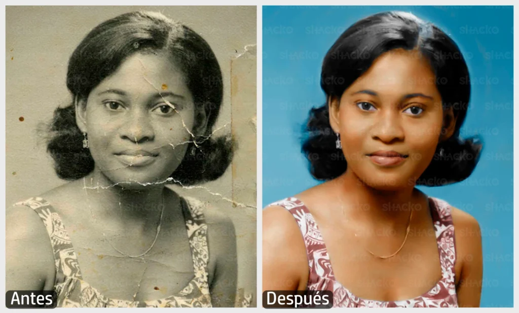 Una foto en blanco y negro restaurada de una mujer joven, con manchas y rasguños corregidos y colores restaurados.