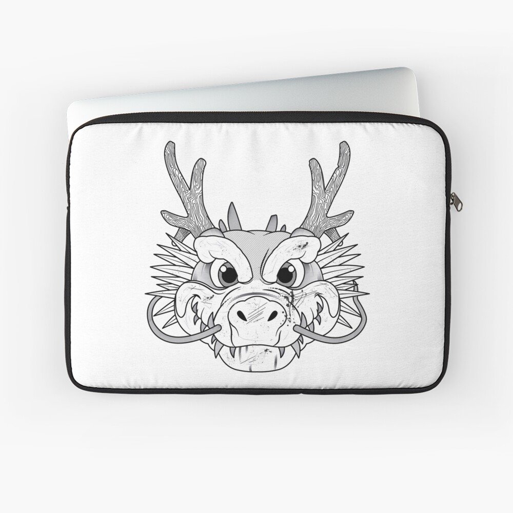 Funda para laptop con diseño de dragón: Funda blanca para ordenador portátil con un diseño en blanco y negro de un dragón con cuernos y mirada intensa.