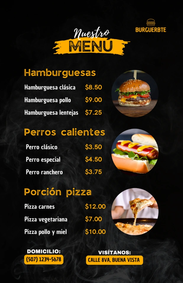 Menú de precios sobre hamburguesas, perros calientes, porciones de pizza, con fondo negro y color blanco y amarillo en textos.