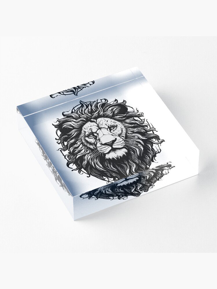 Acrílico decorativa con ilustración de león: Caja cuadrada con tapa decorada con un diseño de león en blanco y negro, ideal para regalo o almacenamiento.