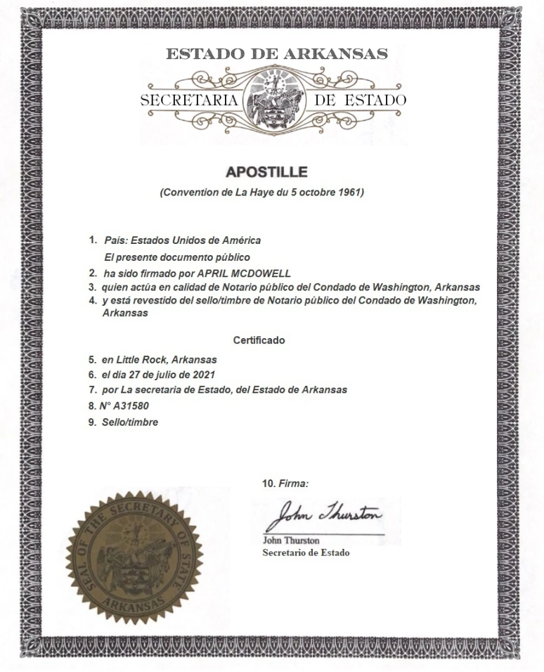 Documento de apostilla de Estados Unidos traducido al español mediante técnicas digitales de traducción.