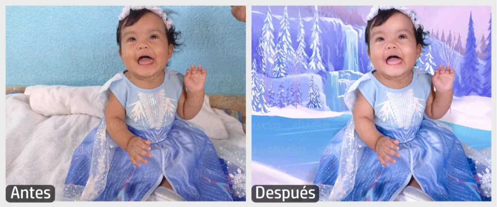 Una bebé pequeñita sentada en el piso, mira fijamente a su mamá, el fondo original de la foto ha sido cambiado por un paisaje de nieve y cascadas en tonos de color azul.