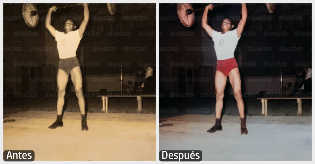 Foto dividida en 'Antes' y 'Después' mostrando a un hombre atlético levantando pesas sobre su cabeza. En la imagen restaurada, los colores han sido corregidos.