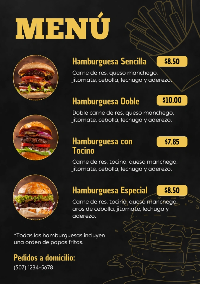 Menú de venta de hamburguesas: sencilla, doble, con tocino, especial, también con pedidos a domicilio.