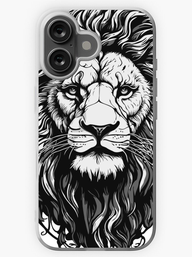 Funda de teléfono con ilustración de león: Carcasa blanca para teléfono con un diseño de león en blanco y negro, con expresión seria y mirada intensa.