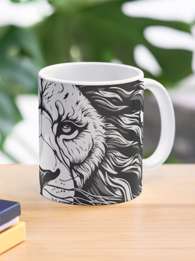 Taza con ilustración de león: Taza de cerámica blanca con un diseño artístico de un león en blanco y negro, mostrando su melena ondulada.