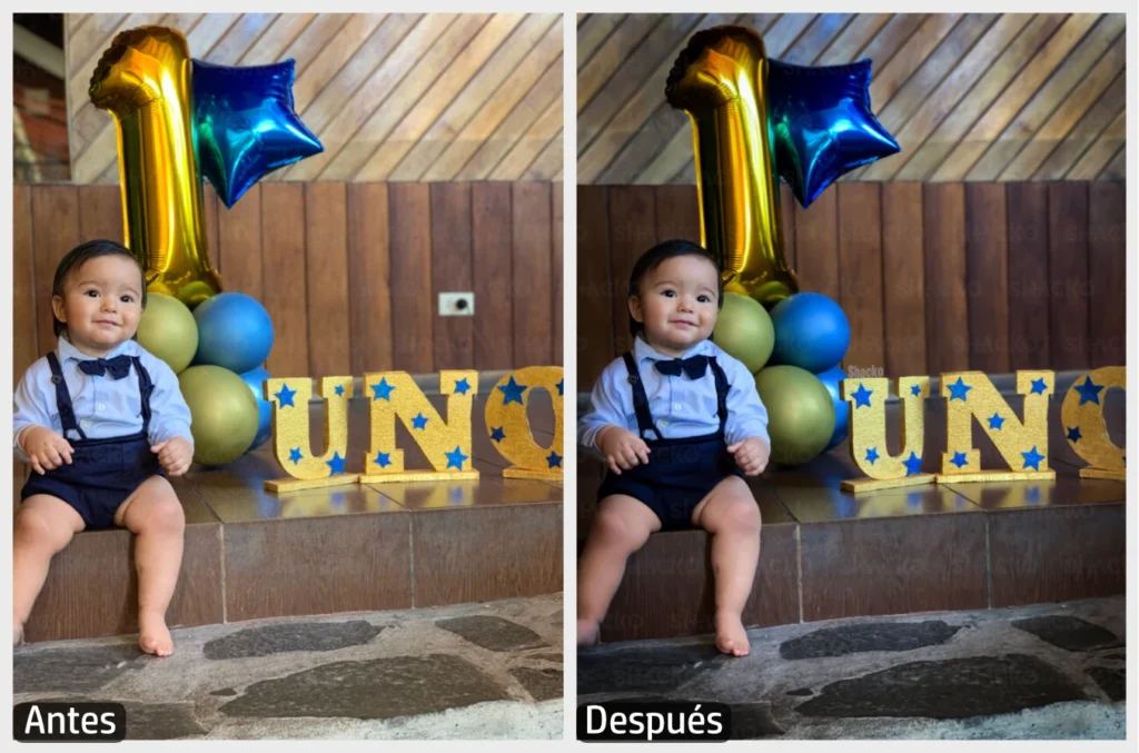 Niño pequeño sentado en el suelo posando por la celebración de su primer año de vida.