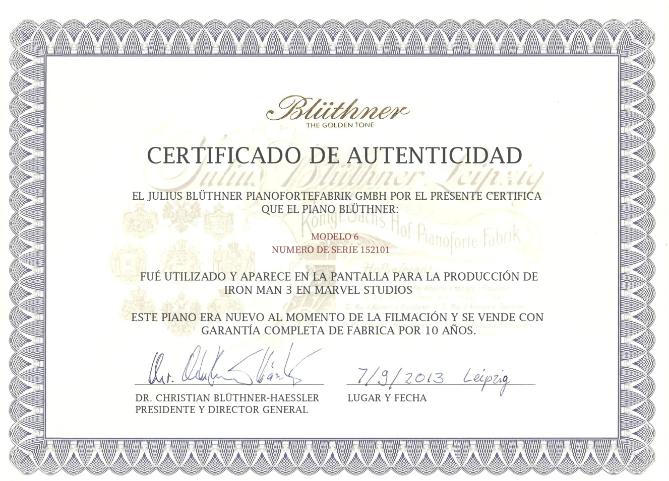 Certificado de autenticidad de la marca Blüthner Golden Tone, traducido al español, conservando el diseño y estructura del documento original.