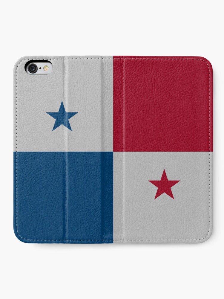 Funda tipo billetera con la bandera de Panamá: Funda plegable para teléfono con la bandera de Panamá, mostrando los colores azul, rojo y blanco con dos estrellas.