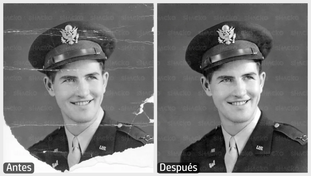 Retrato en color blanco y negro de un joven militar americano, con rasguños y fragmentos faltantes en la imagen.