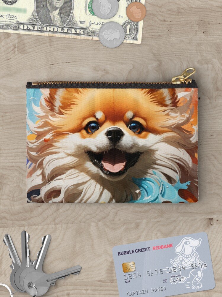 Monedero con diseño de perro Pomerania: Un monedero con cremallera decorado con la imagen de un perro Pomerania sonriente, con detalles en tonos naranjas y azules. Está colocado sobre una mesa junto a llaves, una tarjeta y billetes.