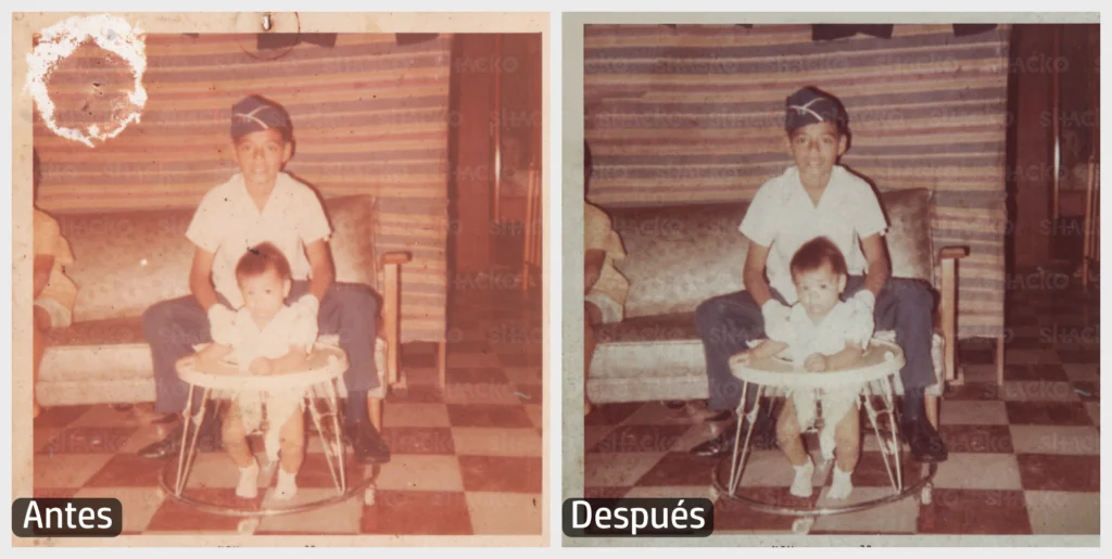 Foto en 'Antes' y 'Después' de dos niños, uno con uniforme militar y el otro en una andadera, mirando a la cámara. La imagen restaurada muestra colores más nítidos y detalles mejorados, mientras que la original posee tono sepia.	