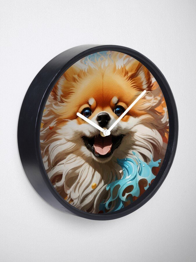 Reloj de pared con diseño de perro Pomerania: Un reloj de pared circular con fondo negro y una ilustración de un perro Pomerania feliz, con detalles en colores vivos. Las manecillas blancas resaltan sobre la imagen.