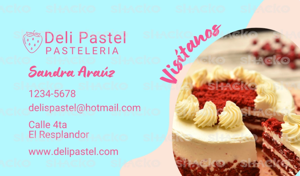 Tarjeta comercial en colores celeste, rosa y crema, ideal para una pastelería. Suavidad y dulzura que reflejan el espíritu de los dulces.