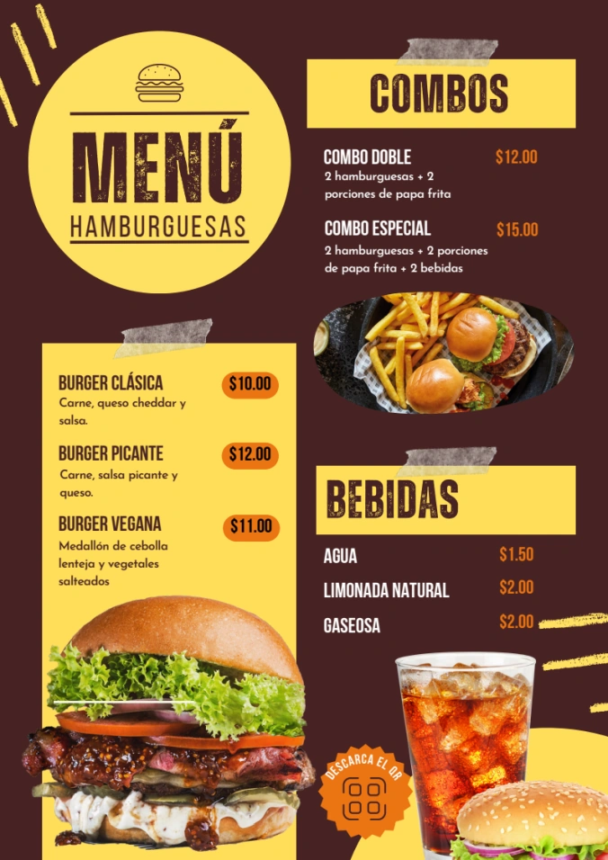 Menú de hamburguesas Combos: doble, combo especial. Hamburguesa: clásica, picante, vegana. Bebidas: agua, limonada natural y gaseosa.