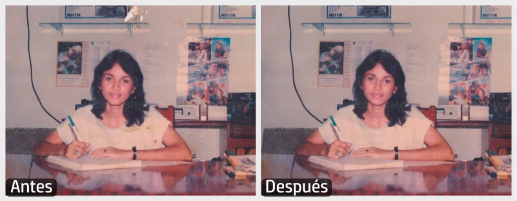 Imagen de una joven escribiendo en un cuaderno mientras mantiene su mirada frente a la cámara.