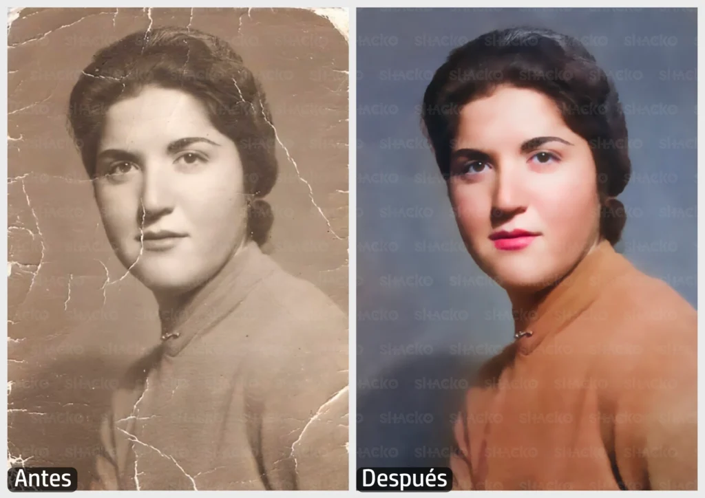 Foto restaurada en color sepia sobre el retrato de una mujer adulta, la imagen posee fragmentos de deterioro.