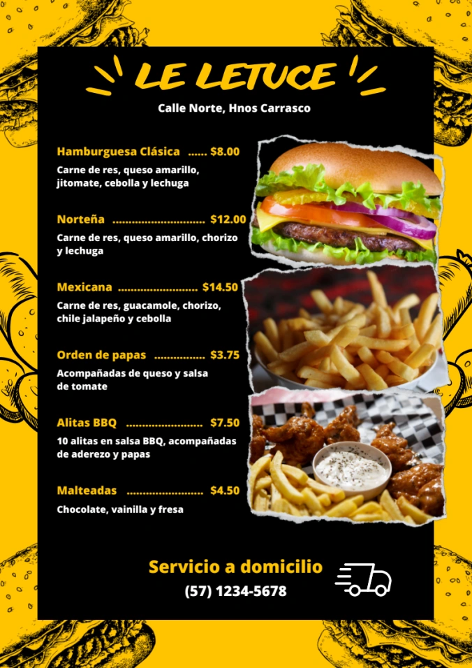 Menú “la letuce” de hamburguesa clásica, norteña, mexicana, orden de papas, alitas bbq, malteadas.