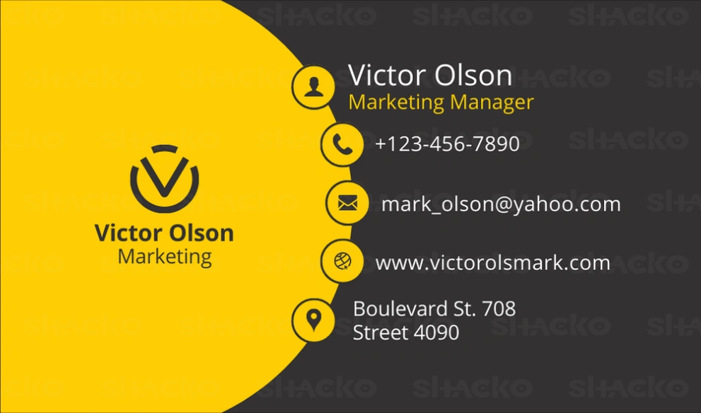 Tarjeta de negocios en colores amarillo y gris combinados para un marketing manager como Victor Olson. Diseño elegante y profesional.